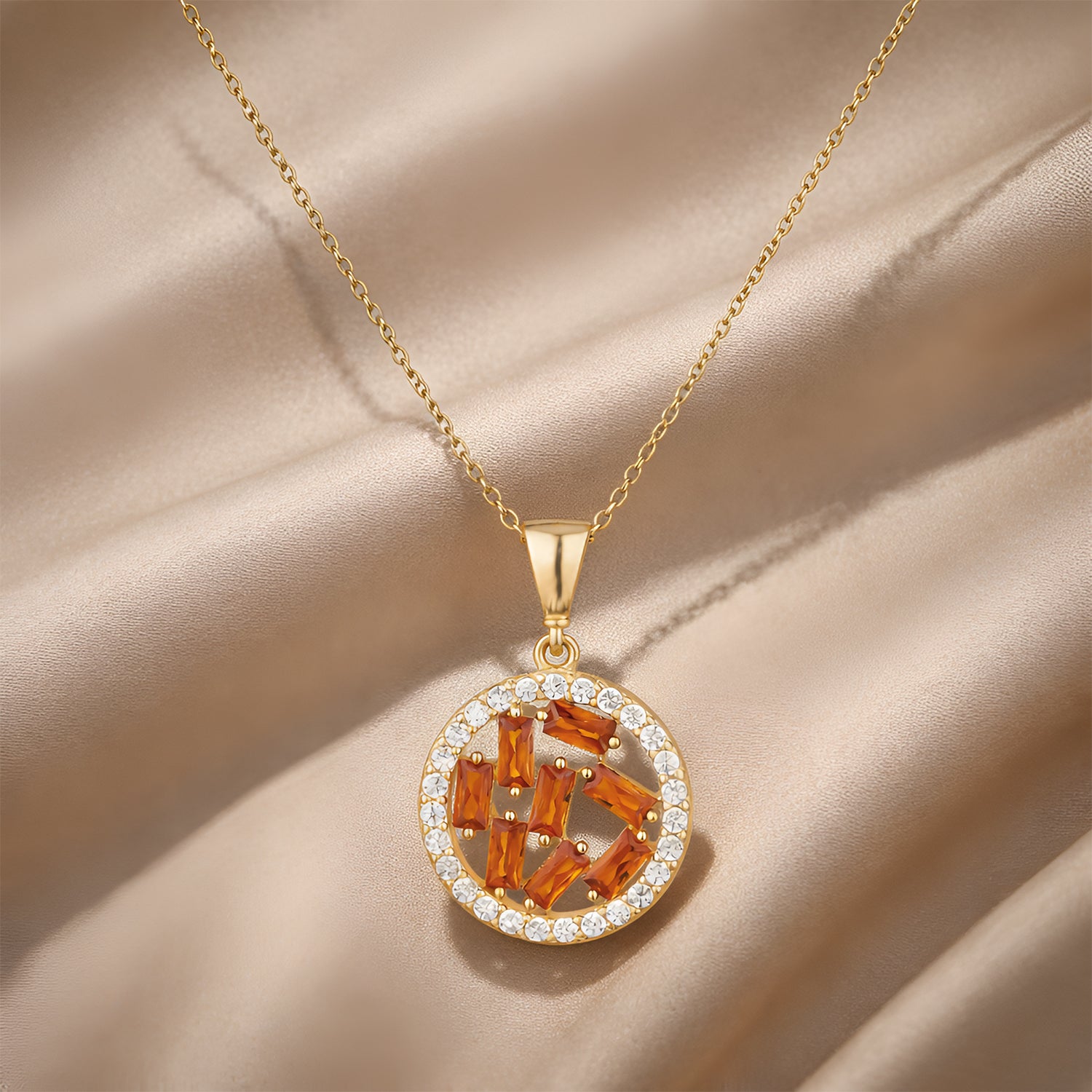 9ct Yellow Gold Orange Cubic Zirconia Baguette Circle Pendant