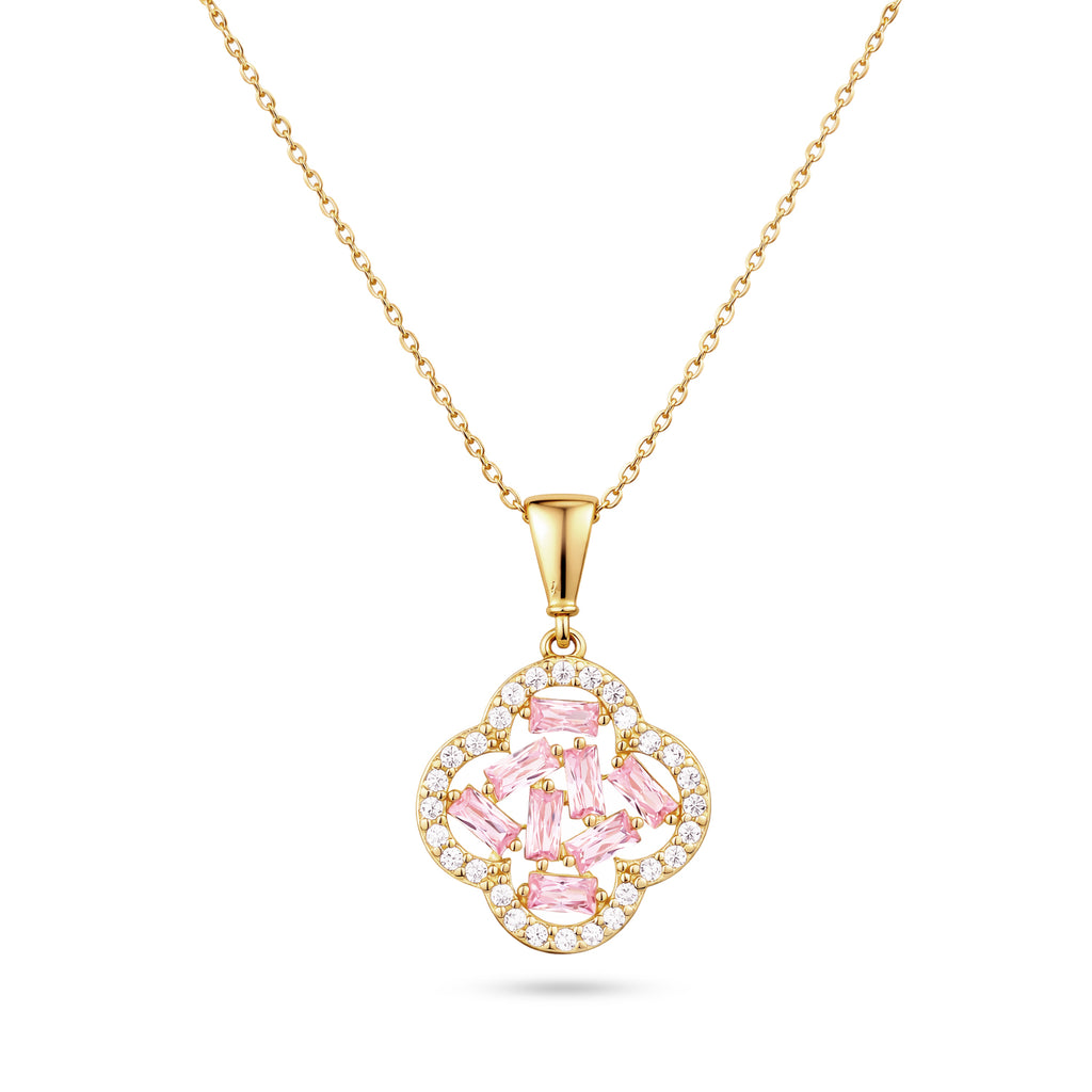 9ct Yellow Gold Pink Cubic Zirconia Baguette Quatrefoil Pendant