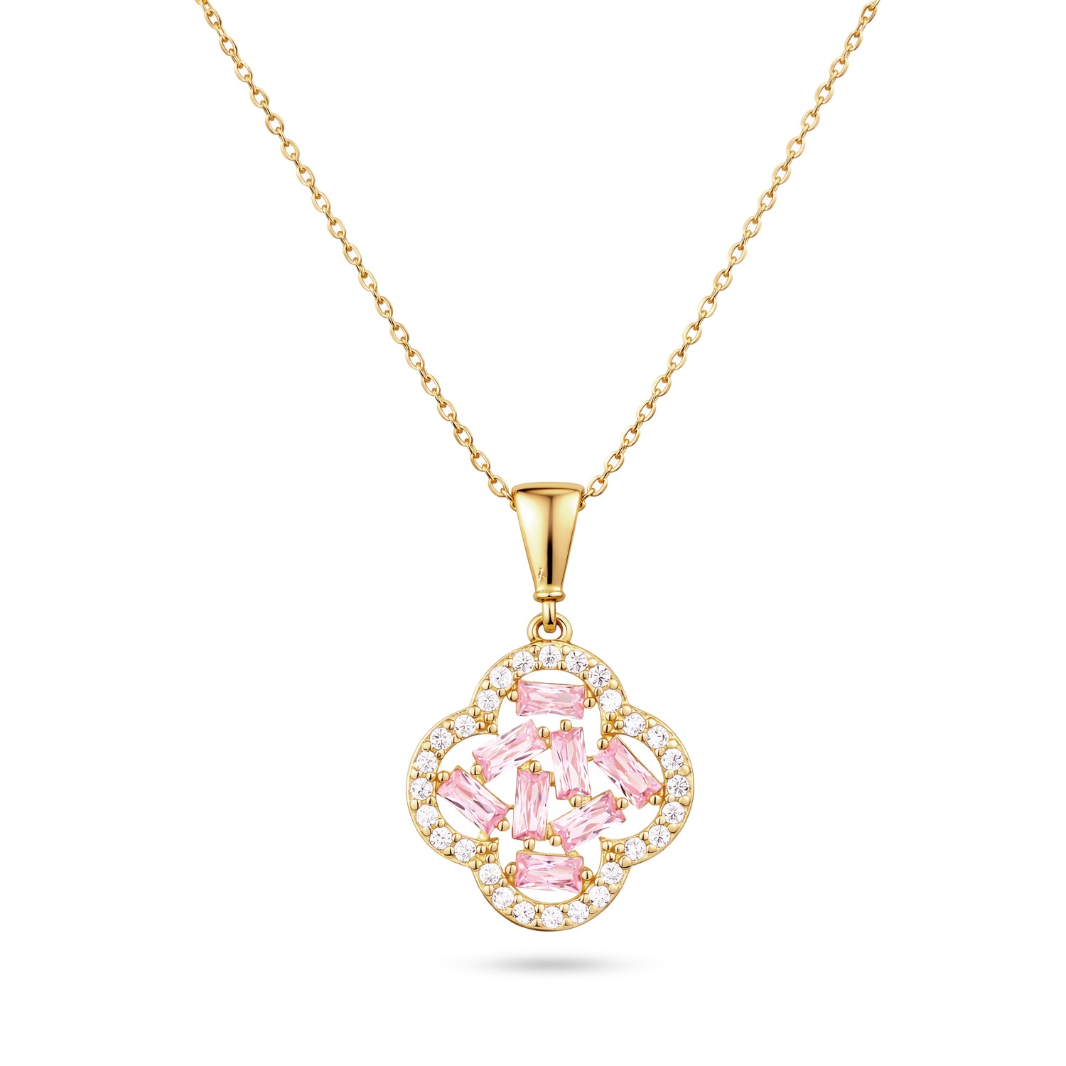 9ct Yellow Gold Pink Cubic Zirconia Baguette Quatrefoil Pendant