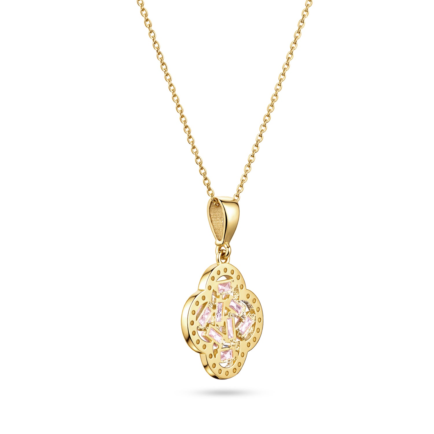9ct Yellow Gold Pink Cubic Zirconia Baguette Quatrefoil Pendant