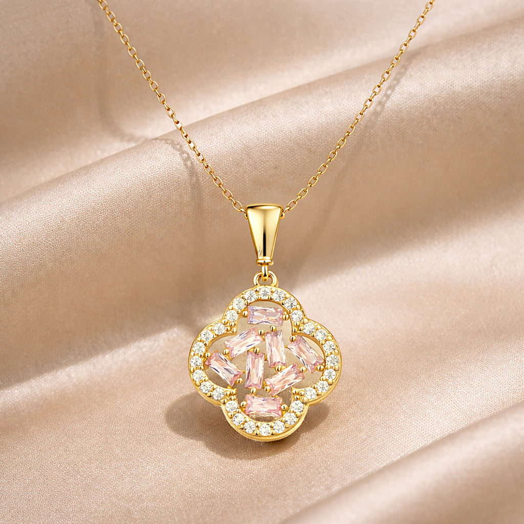 9ct Yellow Gold Pink Cubic Zirconia Baguette Quatrefoil Pendant