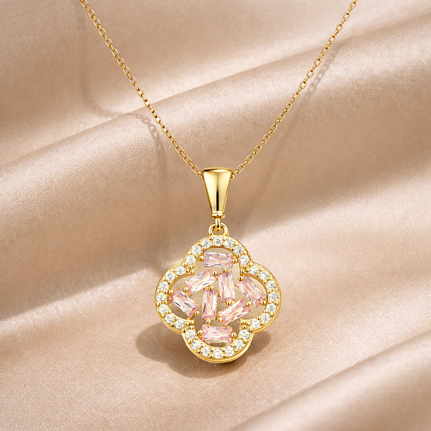 9ct Yellow Gold Pink Cubic Zirconia Baguette Quatrefoil Pendant