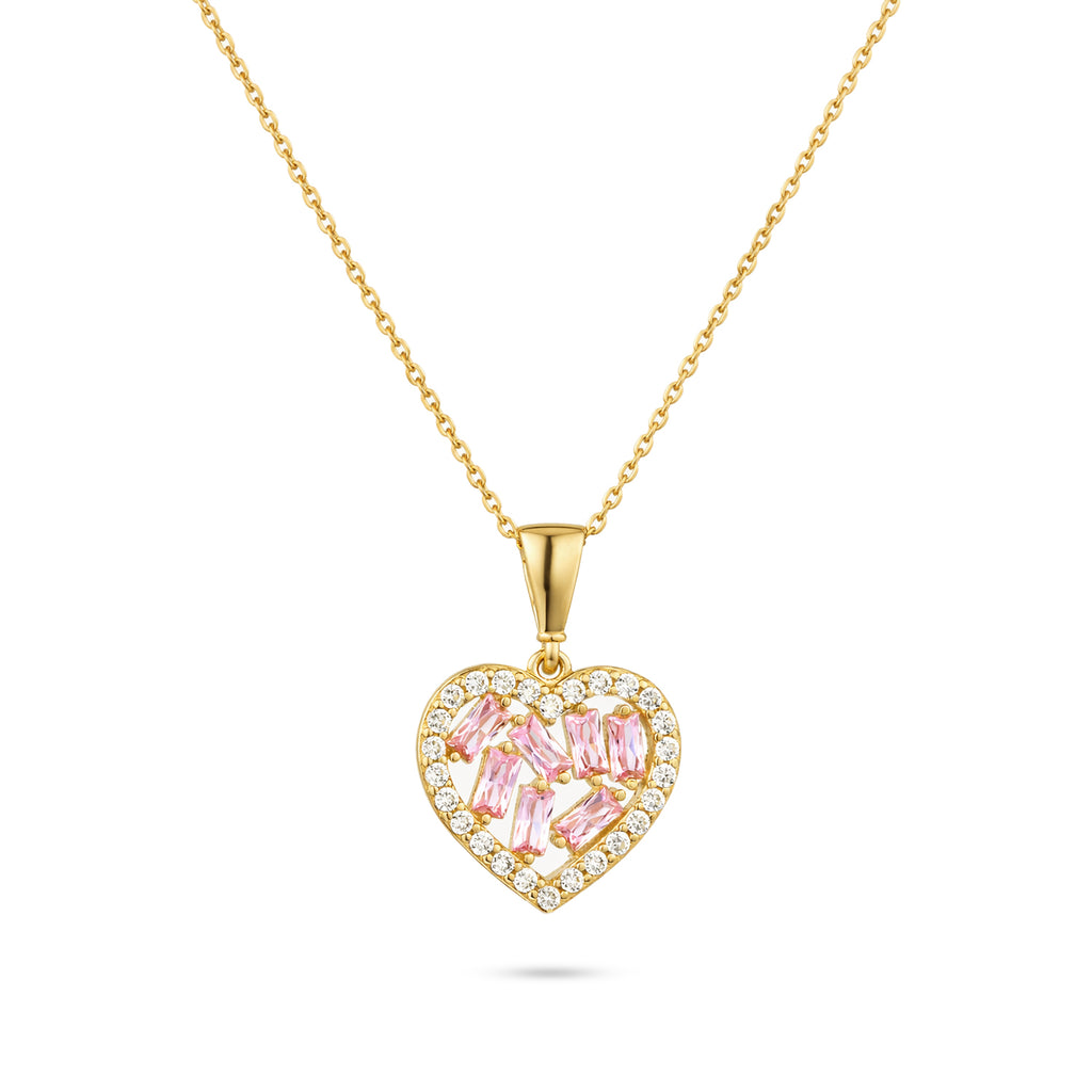 Gold heart-shaped pendant with pink gemstones on a white background