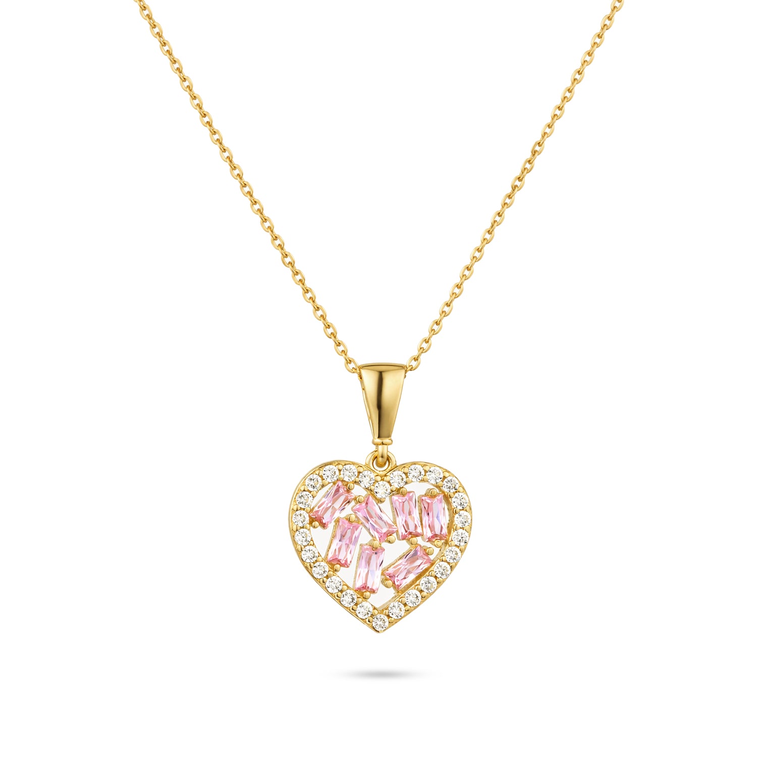 Gold heart-shaped pendant with pink gemstones on a white background