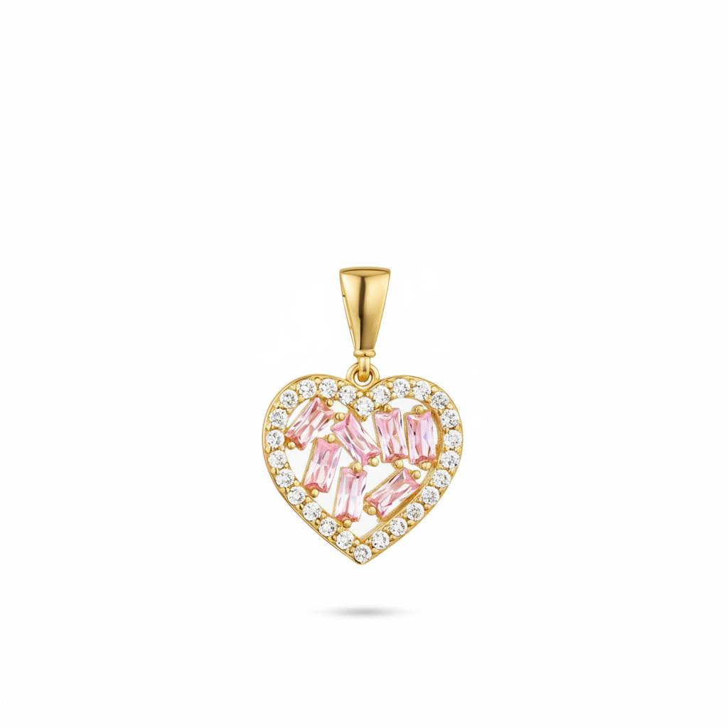 9ct Yellow Gold Pink Cubic Zirconia Baguette Heart Necklace