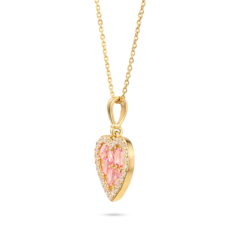 9ct Yellow Gold Pink Cubic Zirconia Baguette Heart Necklace