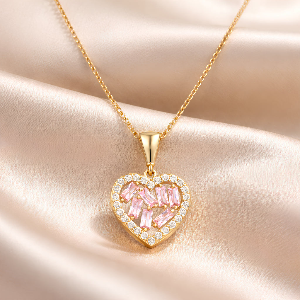 9ct Yellow Gold Pink Cubic Zirconia Baguette Heart Necklace