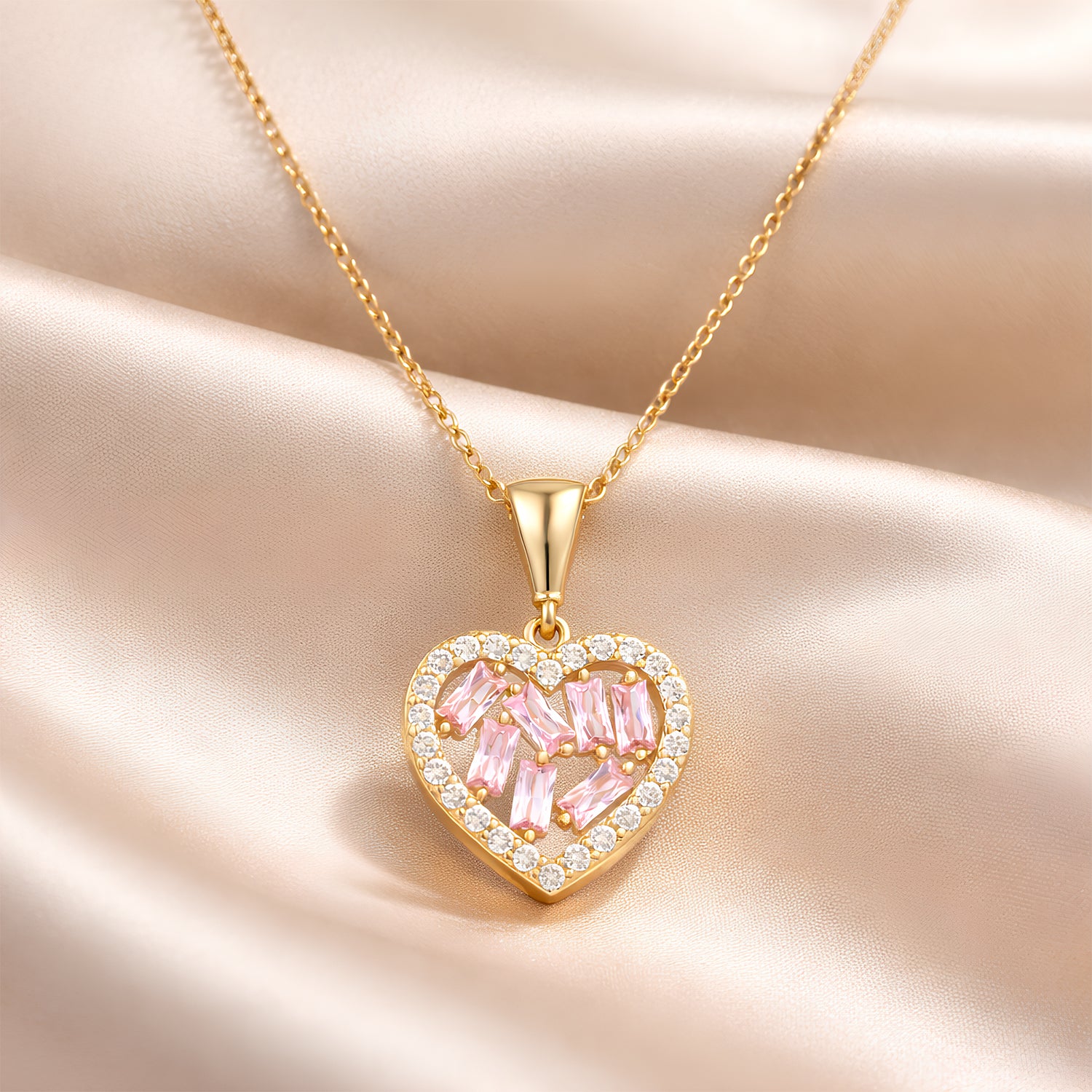 9ct Yellow Gold Pink Cubic Zirconia Baguette Heart Necklace