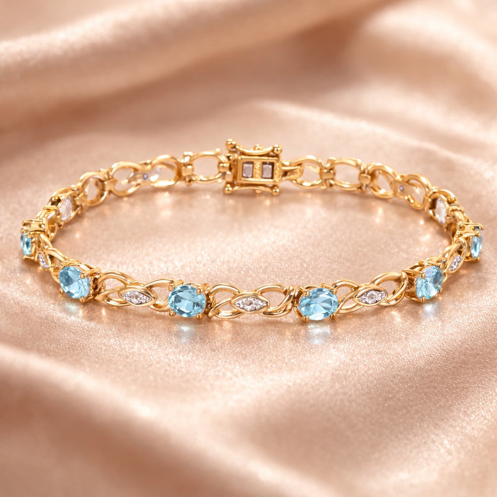 9ct Yellow Gold Sky Blue Topaz and Natural Diamond Bracelet