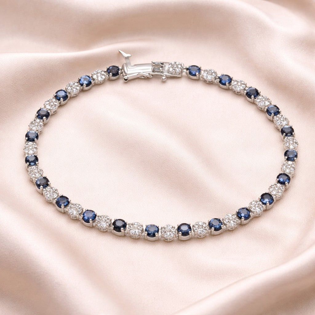 4.55 Ct Round Natural Blue Sapphire and Diamond Tennis in 9ct White Gold
