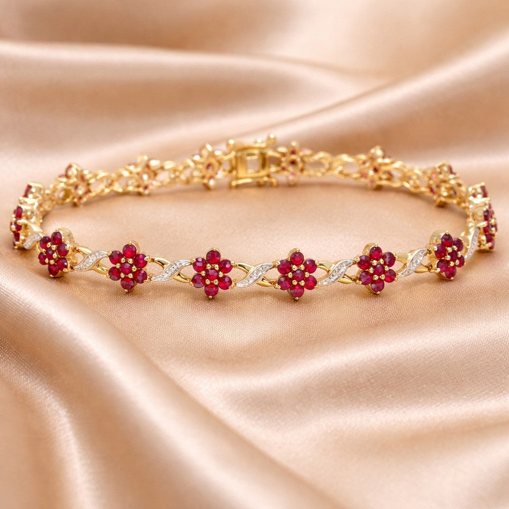 9ct Yellow Gold Ruby and 0.04ct Diamond Flower Bracelet