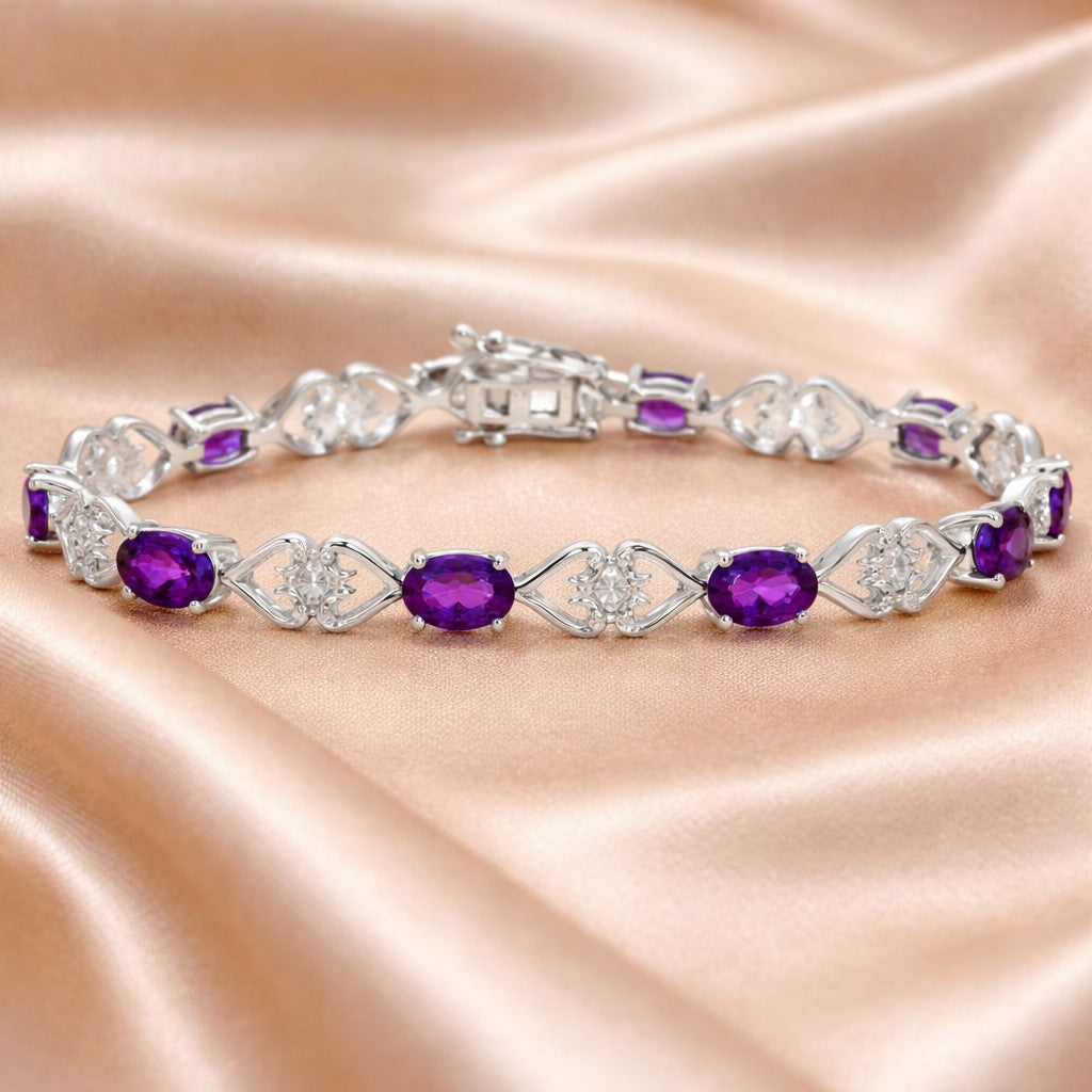 9ct White Gold Oval Amethyst and Diamond Heart Bracelet