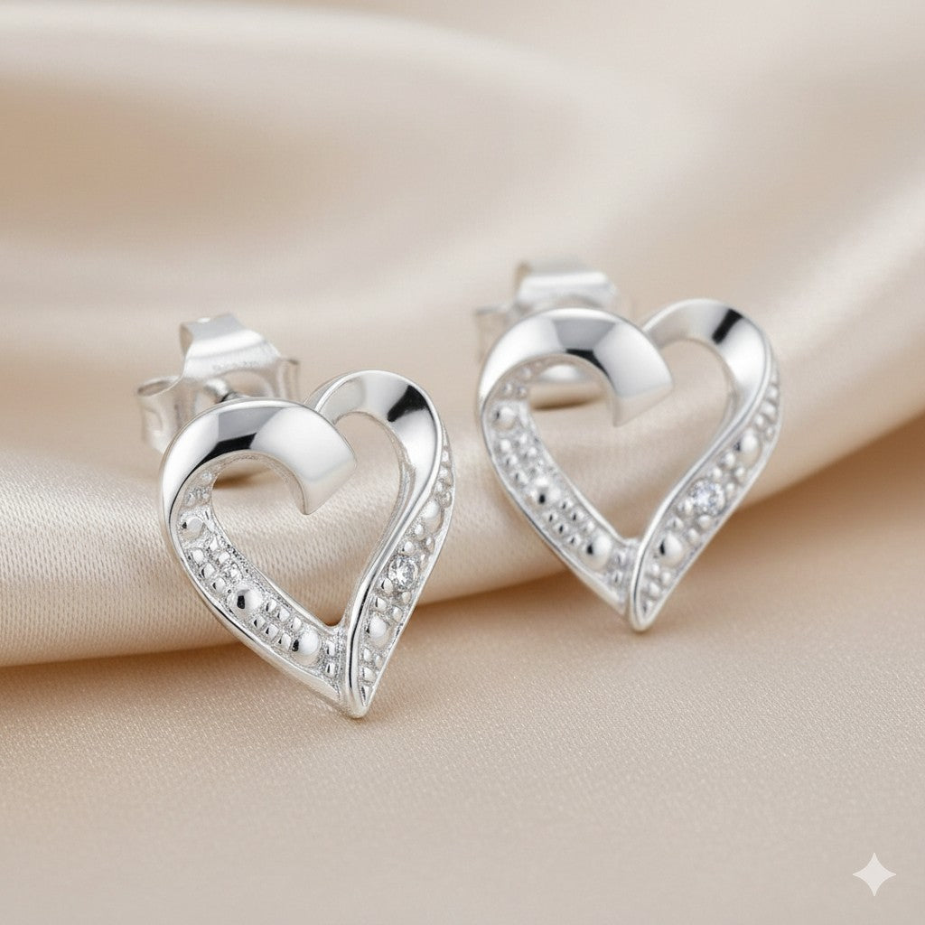 9ct White Gold Natural Diamond Heart Stud Earrings with Gold Push Back