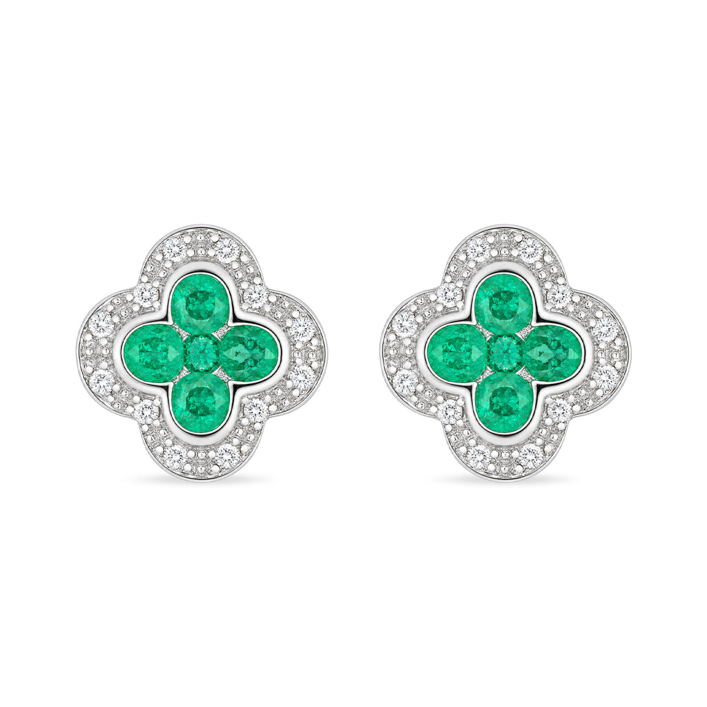 9ct White Gold Emerald and Diamond Quatrefoil Halo Earrings