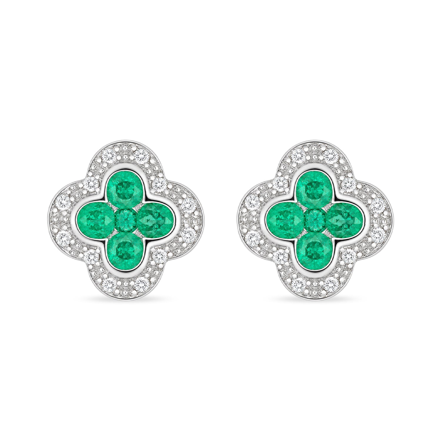 9ct White Gold Emerald and Diamond Quatrefoil Halo Earrings
