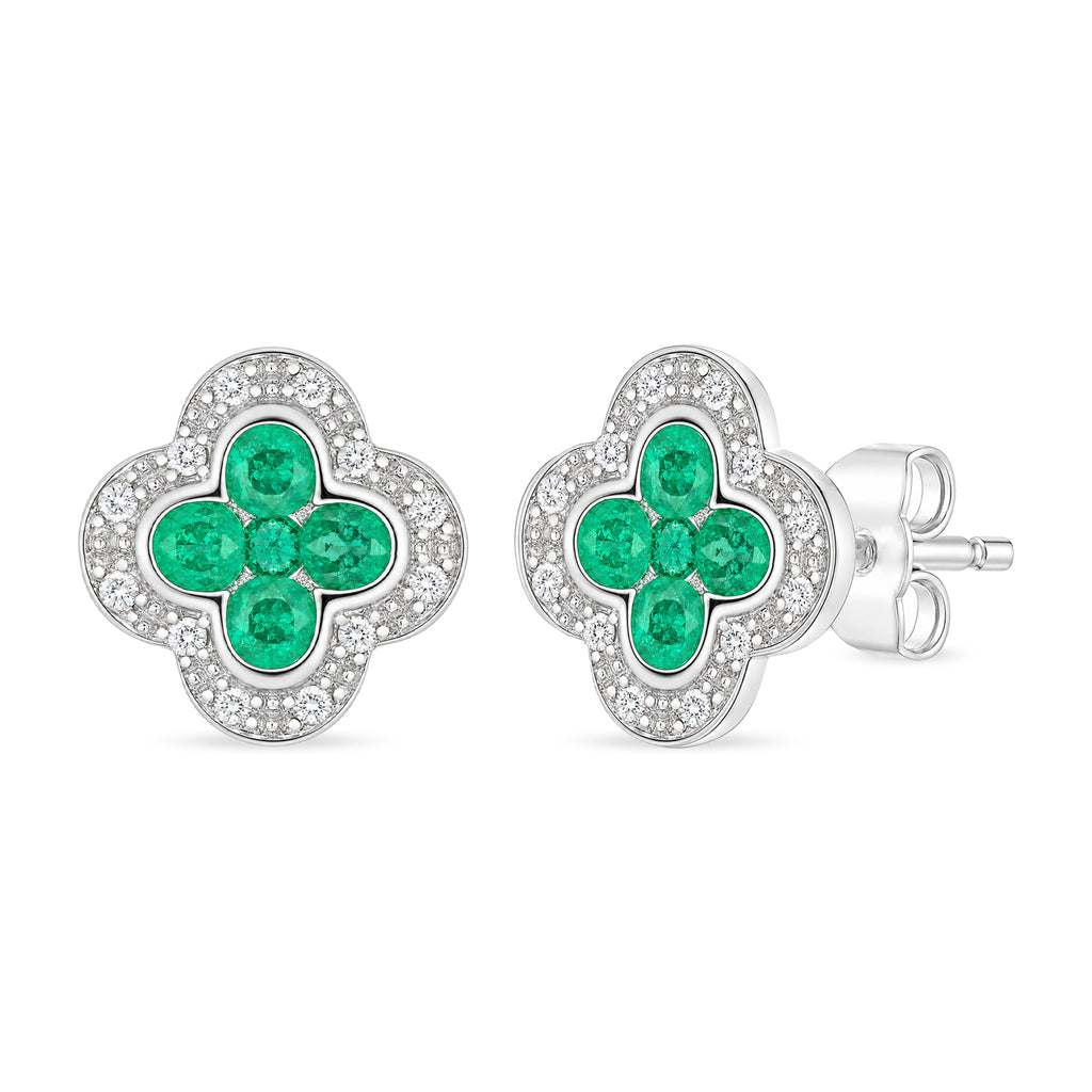 9ct White Gold Emerald and Diamond Quatrefoil Halo Earrings