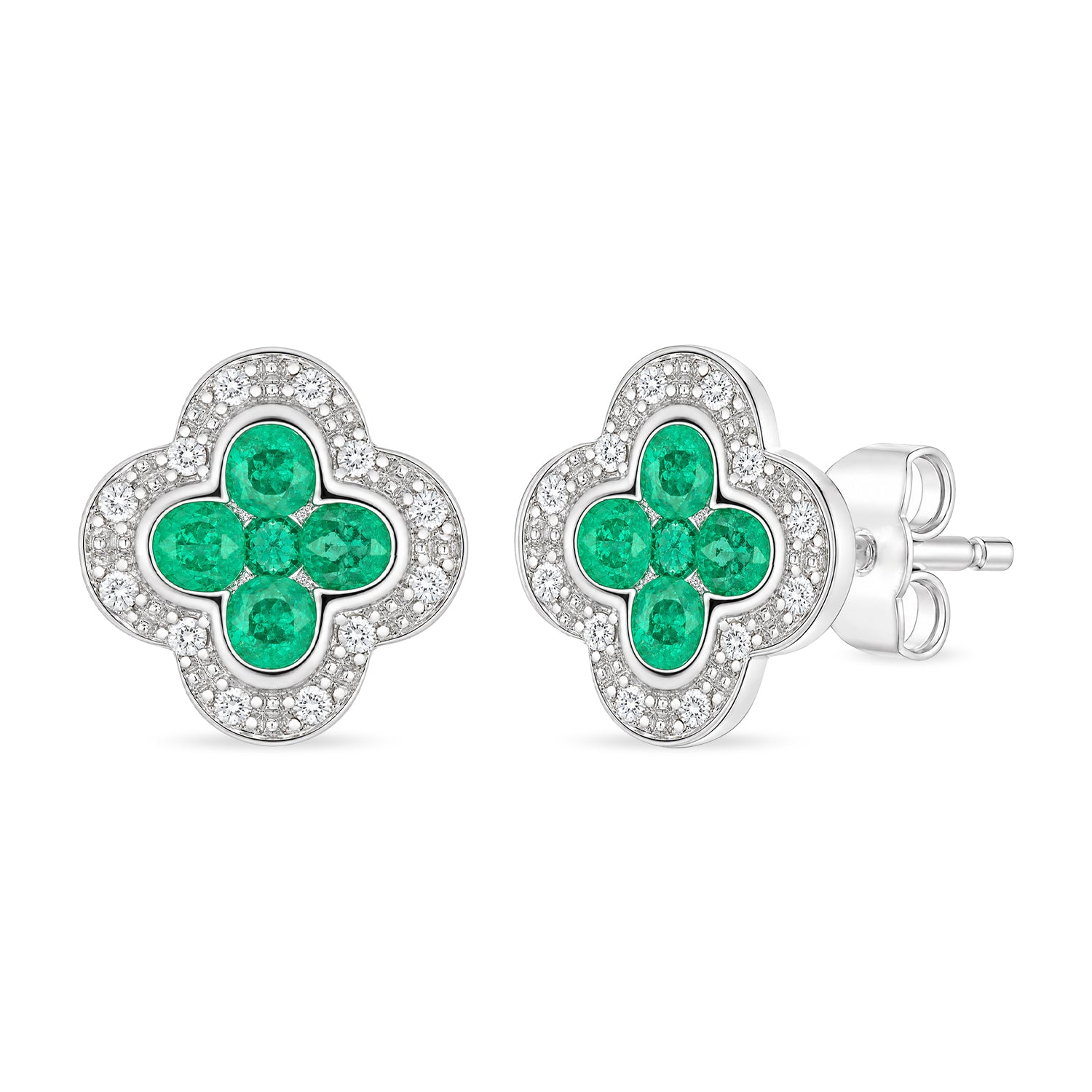 9ct White Gold Emerald and Diamond Quatrefoil Halo Earrings