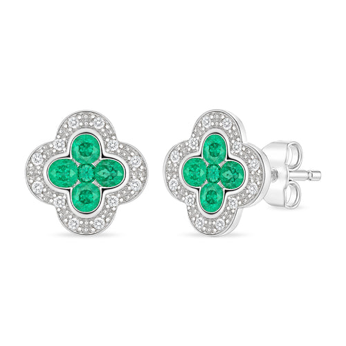 9ct White Gold Emerald and Diamond Quatrefoil Halo Earrings