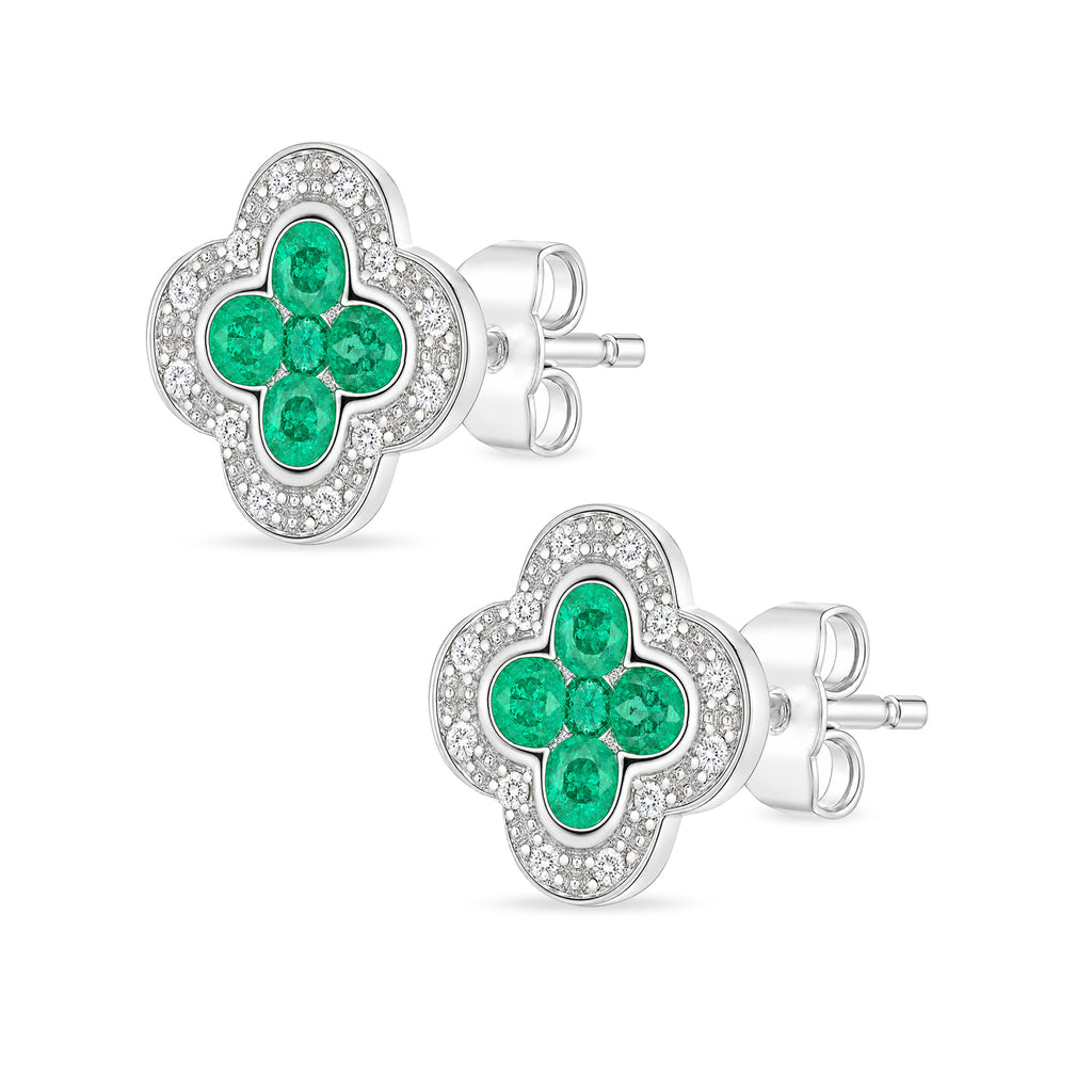 9ct White Gold Emerald and Diamond Quatrefoil Halo Earrings