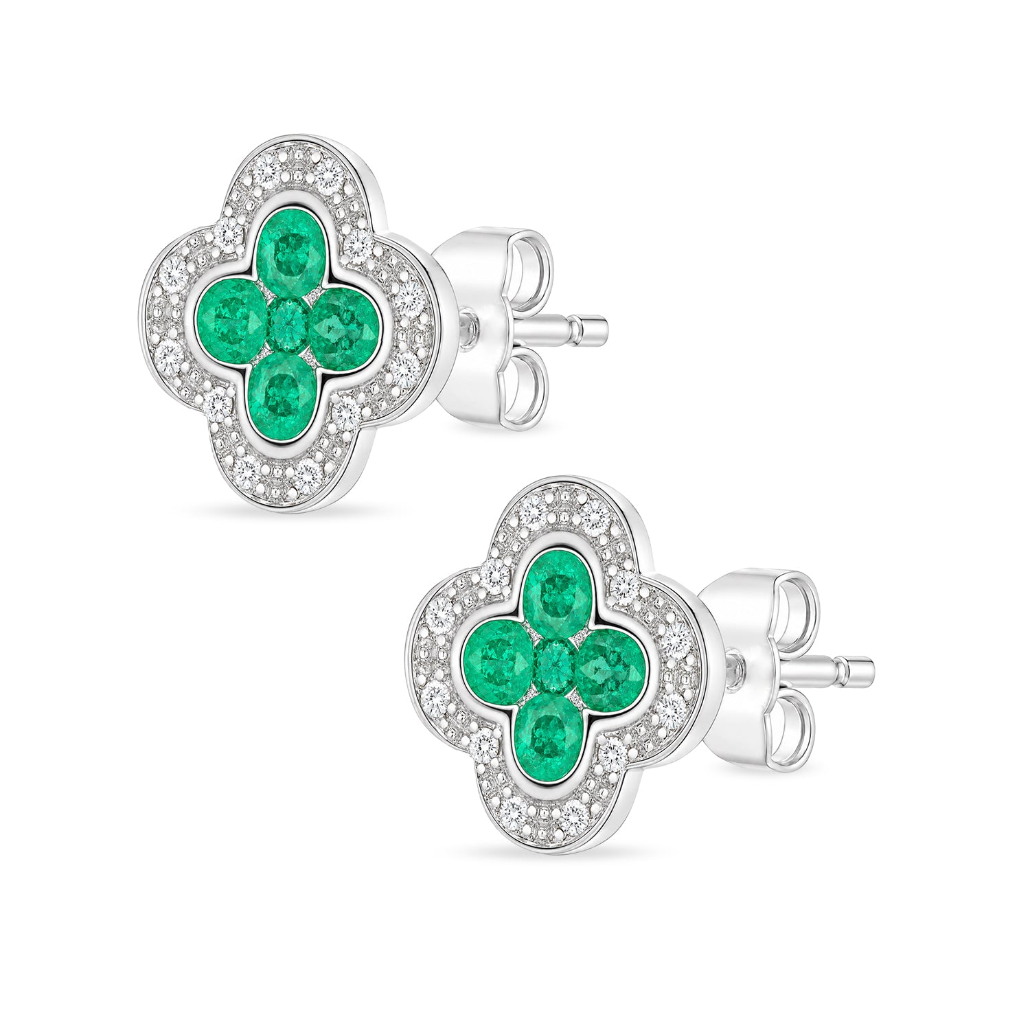 9ct White Gold Emerald and Diamond Quatrefoil Halo Earrings