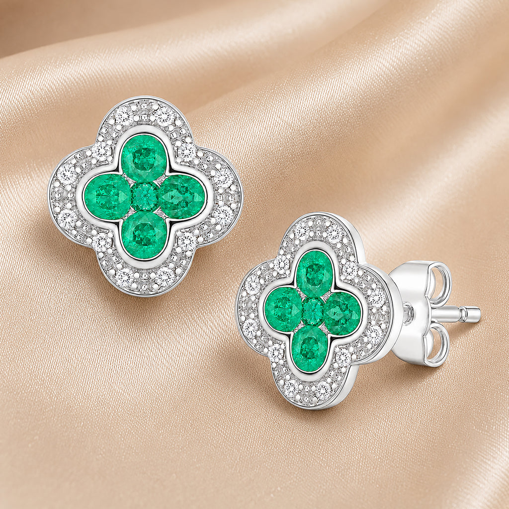 9ct White Gold Emerald and Diamond Quatrefoil Halo Earrings