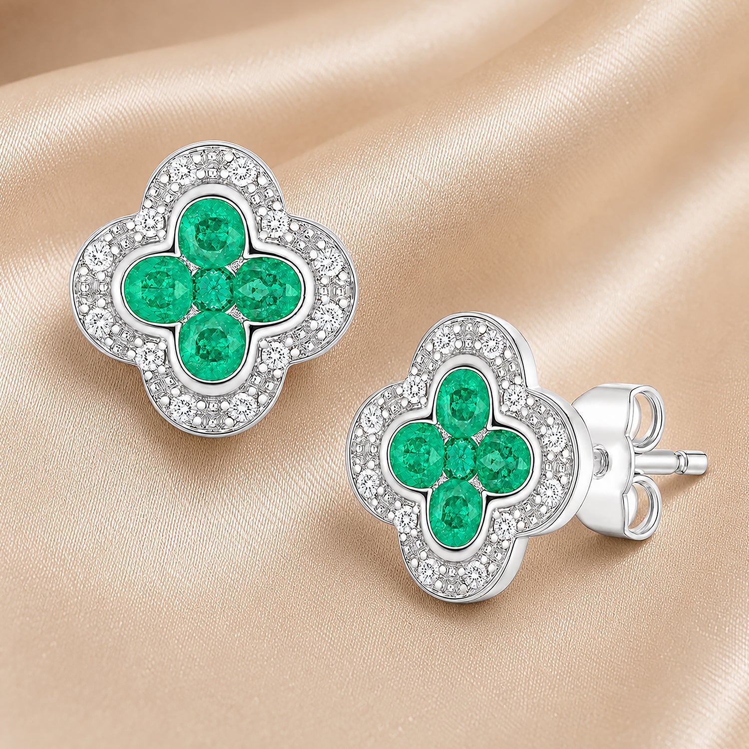 9ct White Gold Emerald and Diamond Quatrefoil Halo Earrings