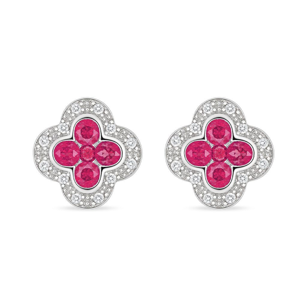 9ct White Gold Ruby and Diamond Quatrefoil Halo Earrings