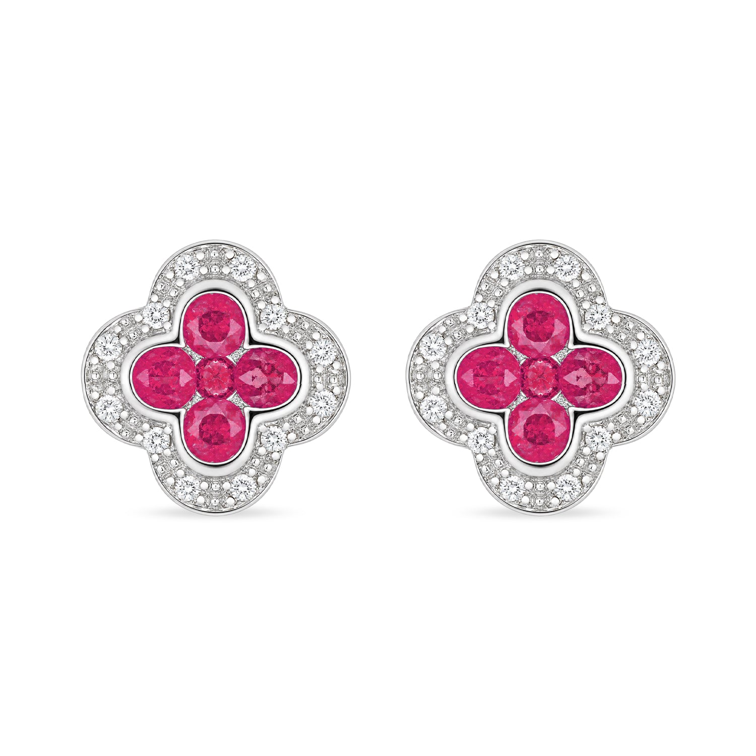9ct White Gold Ruby and Diamond Quatrefoil Halo Earrings