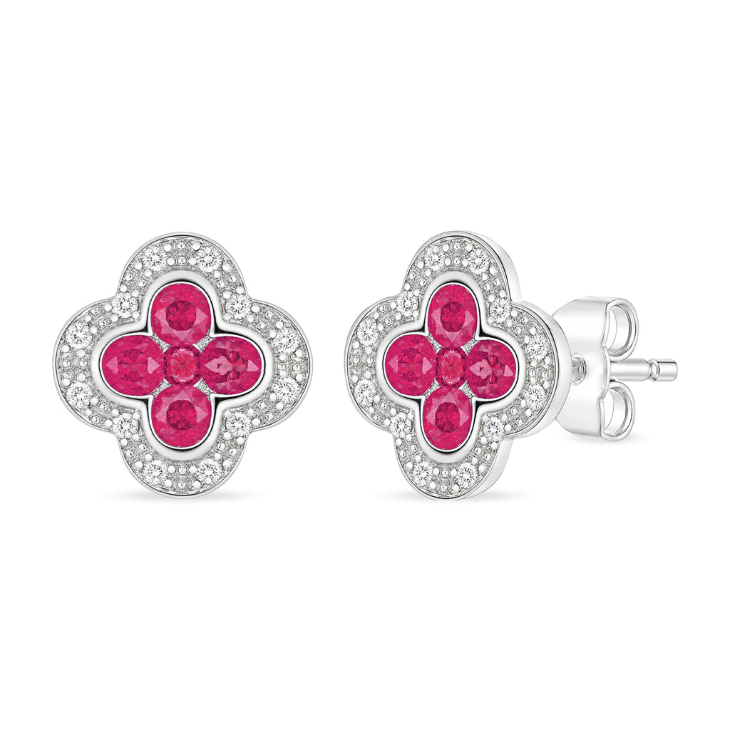 9ct White Gold Ruby and Diamond Quatrefoil Halo Earrings