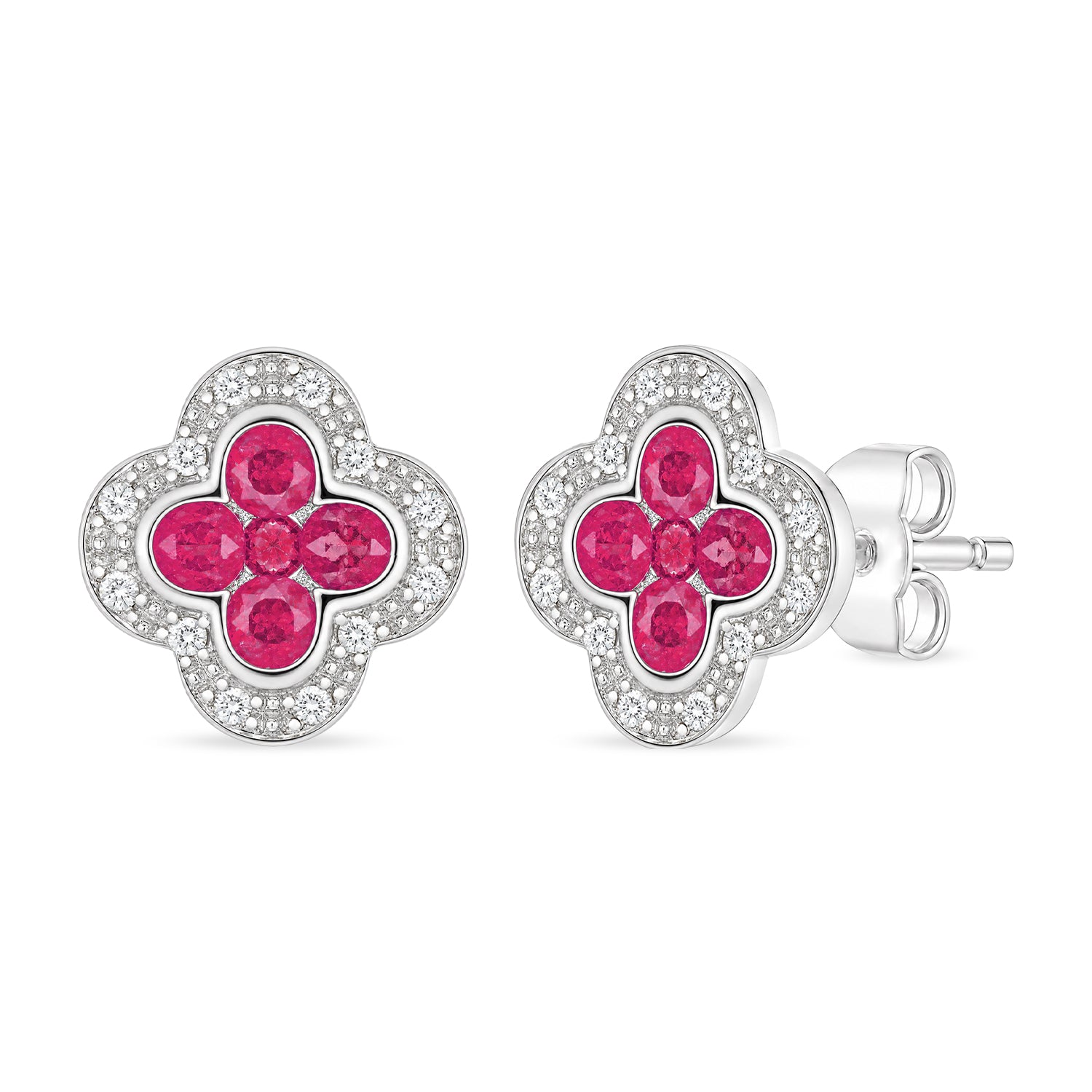 9ct White Gold Ruby and Diamond Quatrefoil Halo Earrings