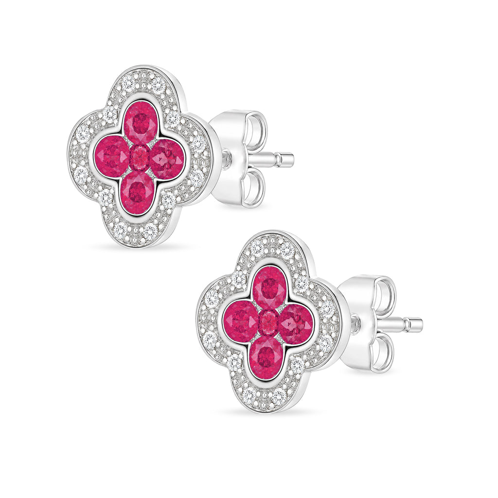 9ct White Gold Ruby and Diamond Quatrefoil Halo Earrings