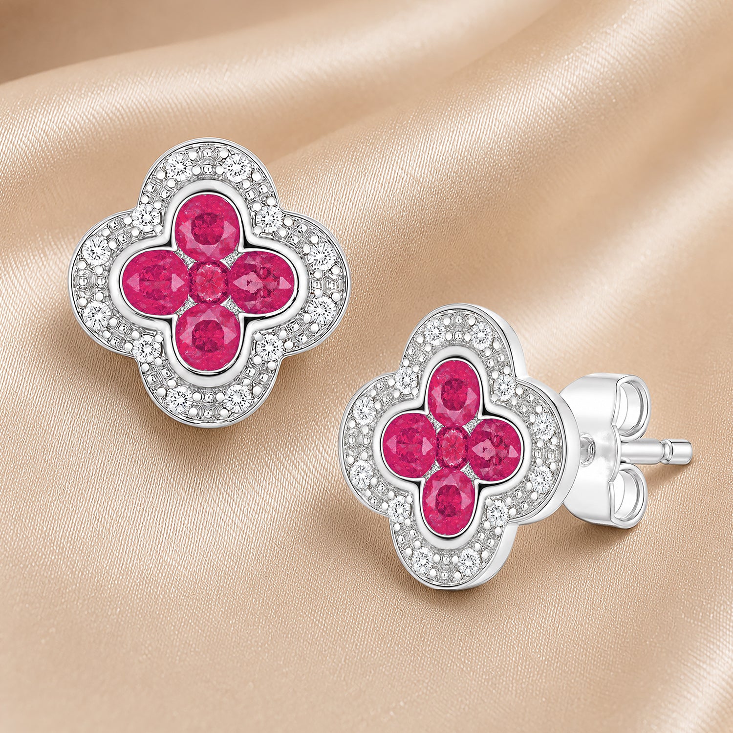 9ct White Gold Ruby and Diamond Quatrefoil Halo Earrings