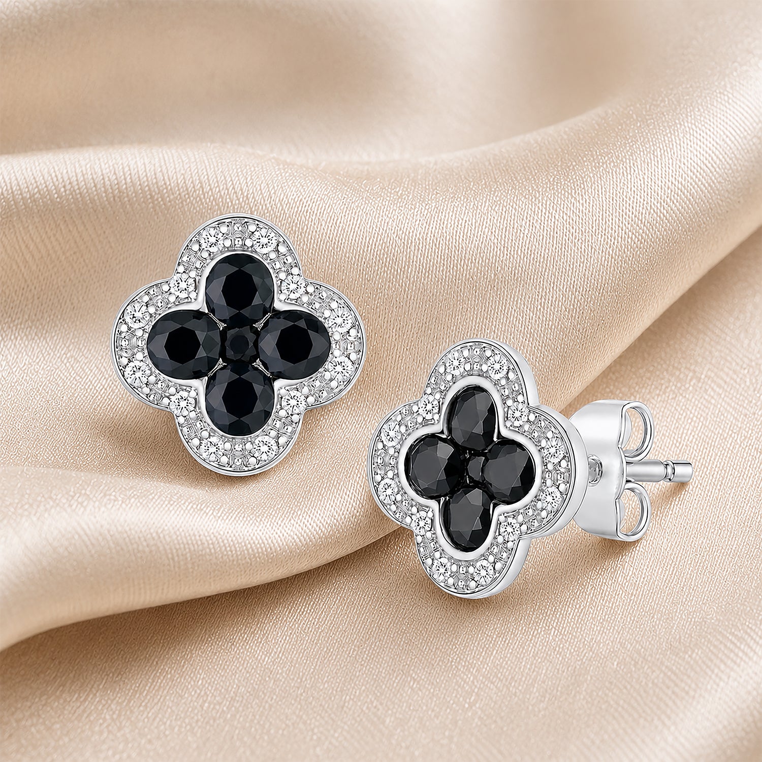 9ct White Gold Sapphire and Diamond Quatrefoil Halo Earrings