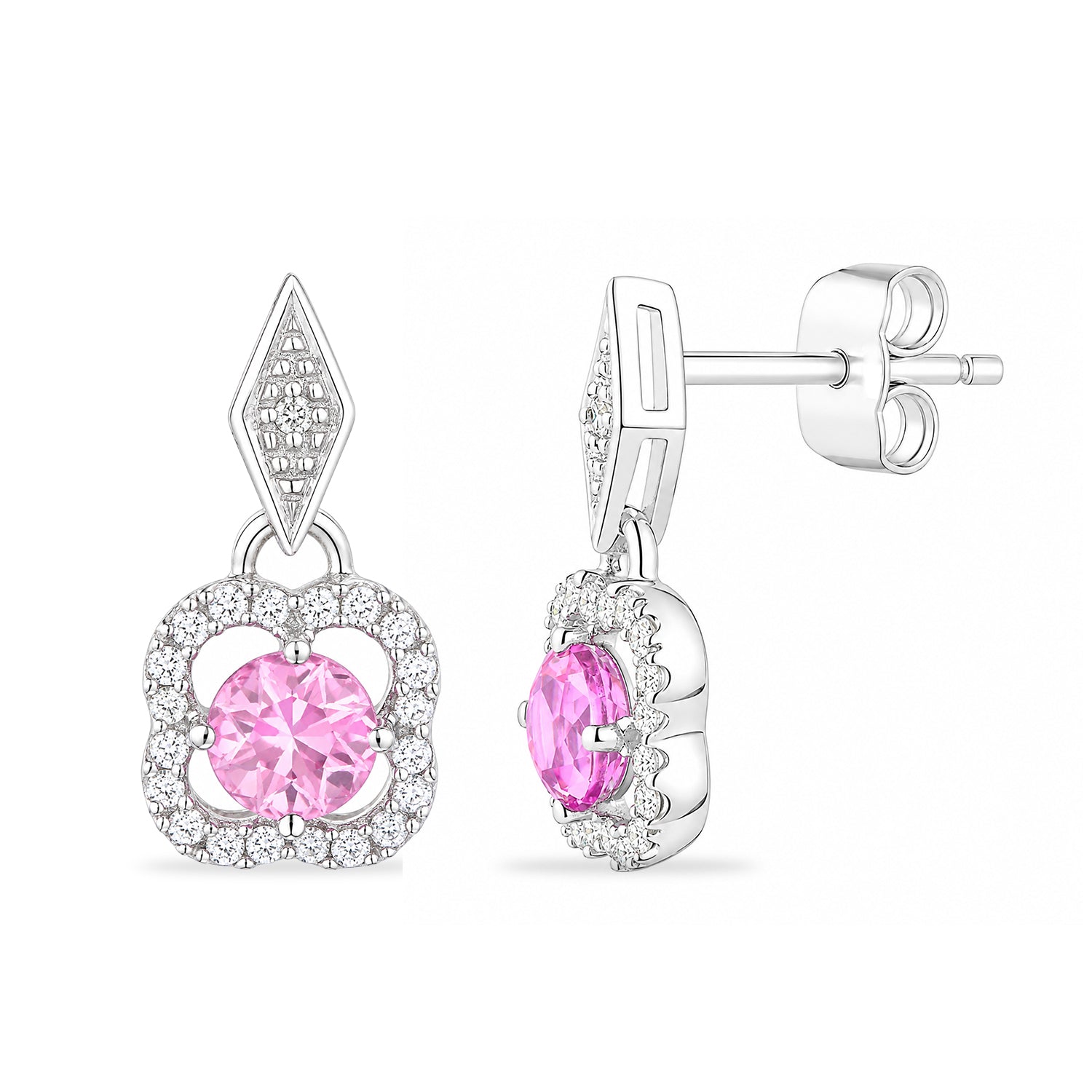 9ct White Gold Pink Sapphire and Diamonds Quatrefoil Earrings