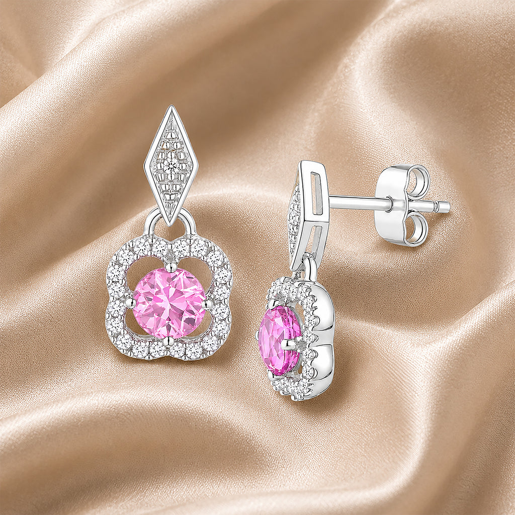 9ct White Gold Pink Sapphire and Diamonds Quatrefoil Earrings