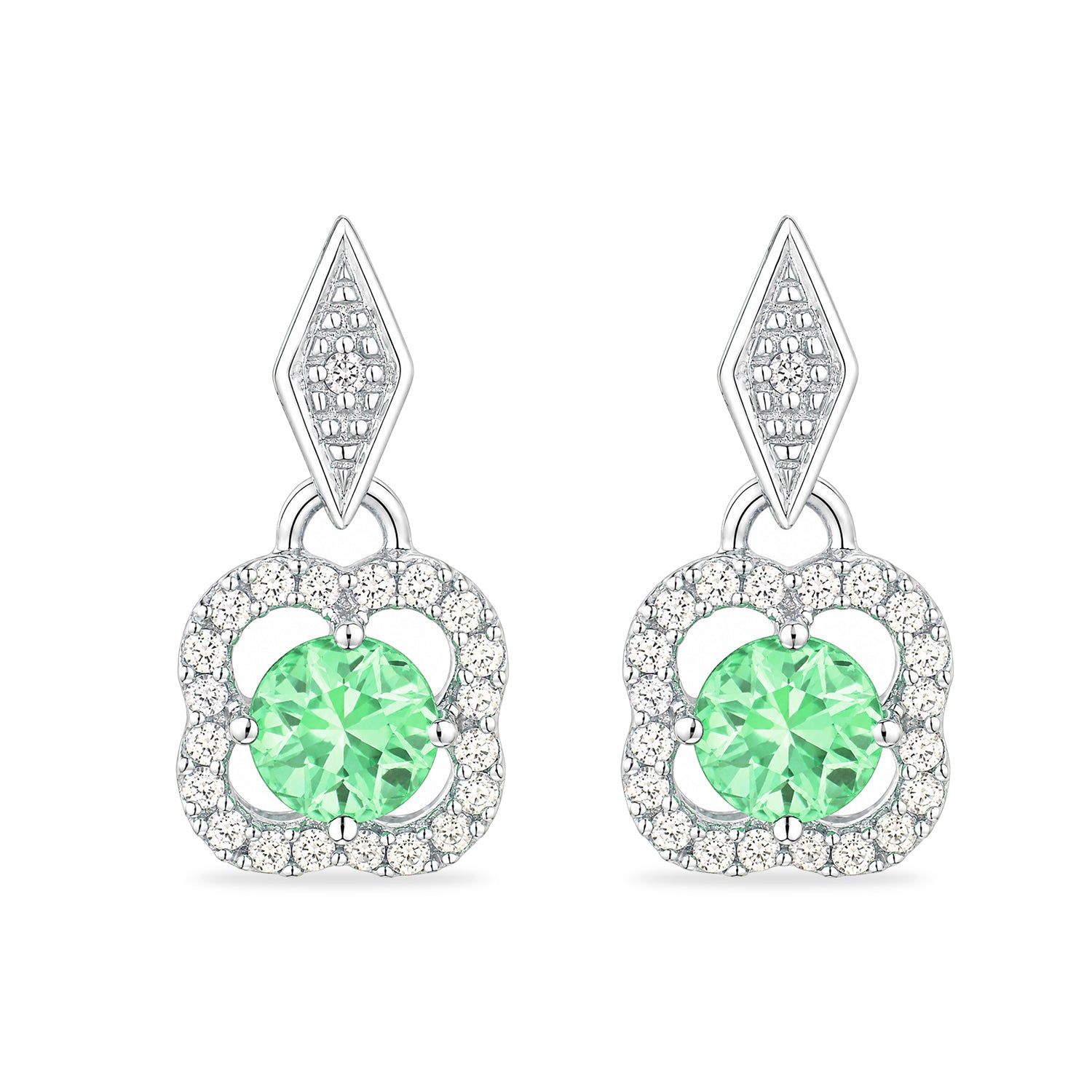 9ct White Gold Emerald and Diamonds Quatrefoil Earrings