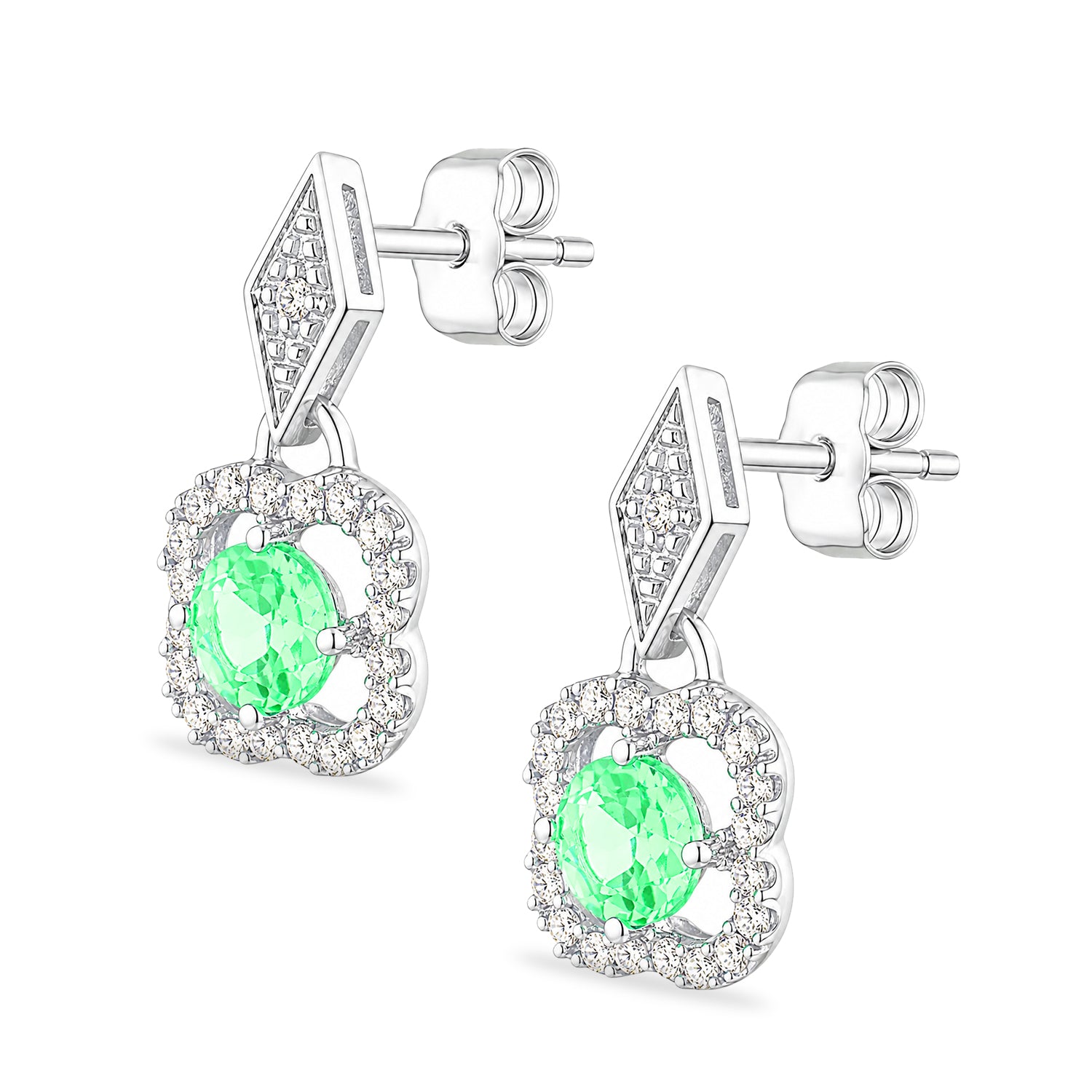 9ct White Gold Emerald and Diamonds Quatrefoil Earrings