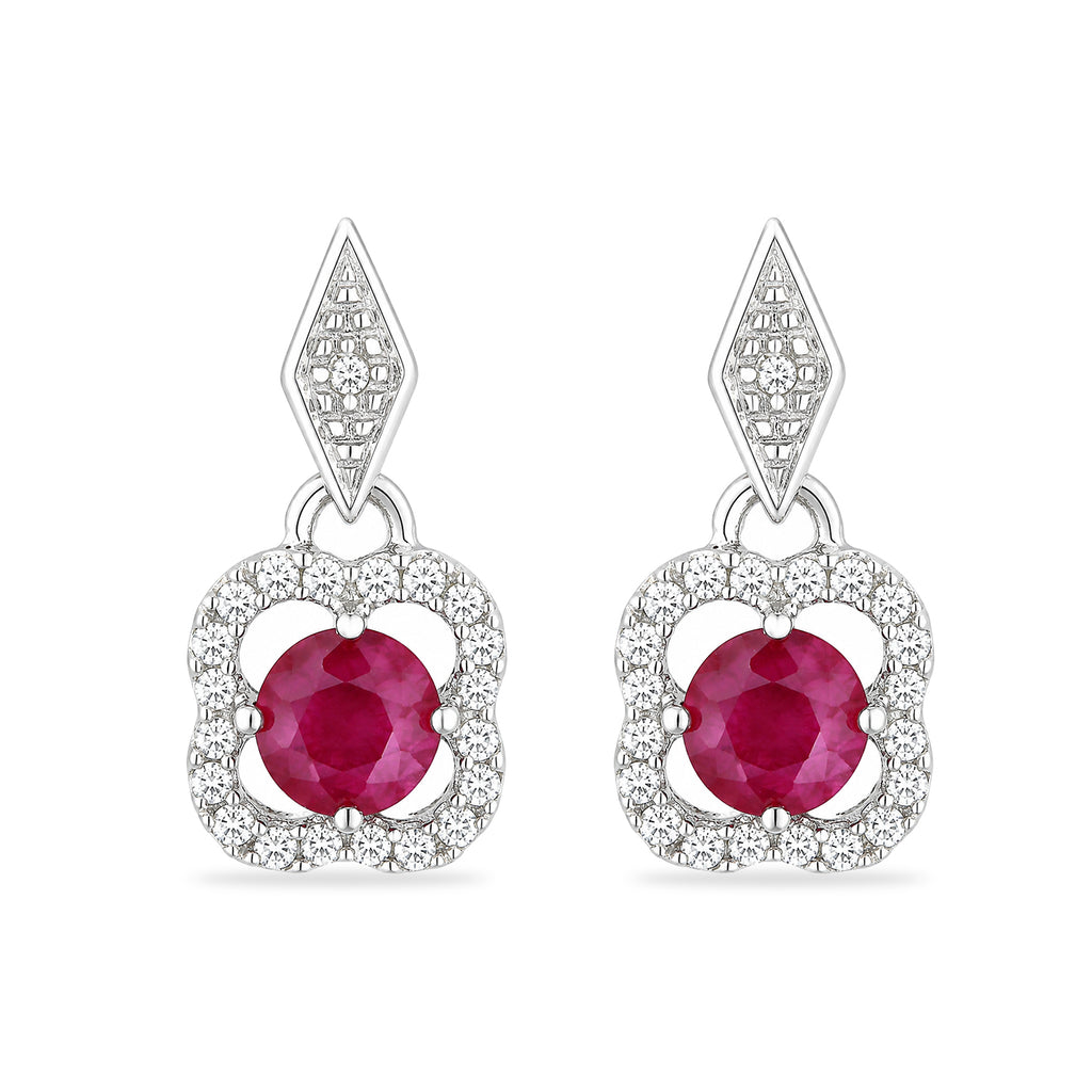 9ct White Gold Ruby and Diamonds Quatrefoil Earrings
