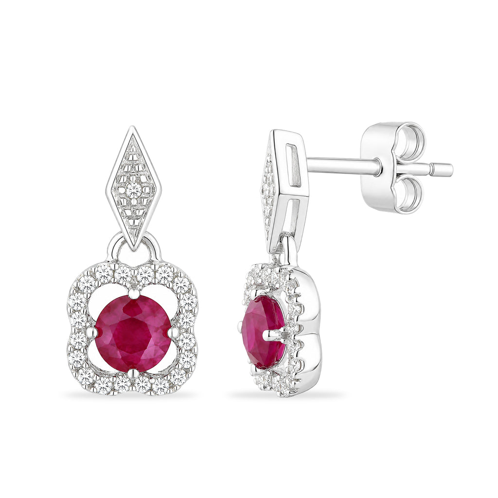 9ct White Gold Ruby and Diamonds Quatrefoil Earrings