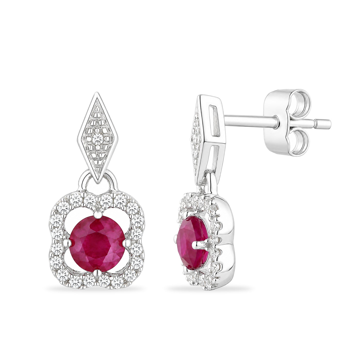 9ct White Gold Ruby and Diamonds Quatrefoil Earrings