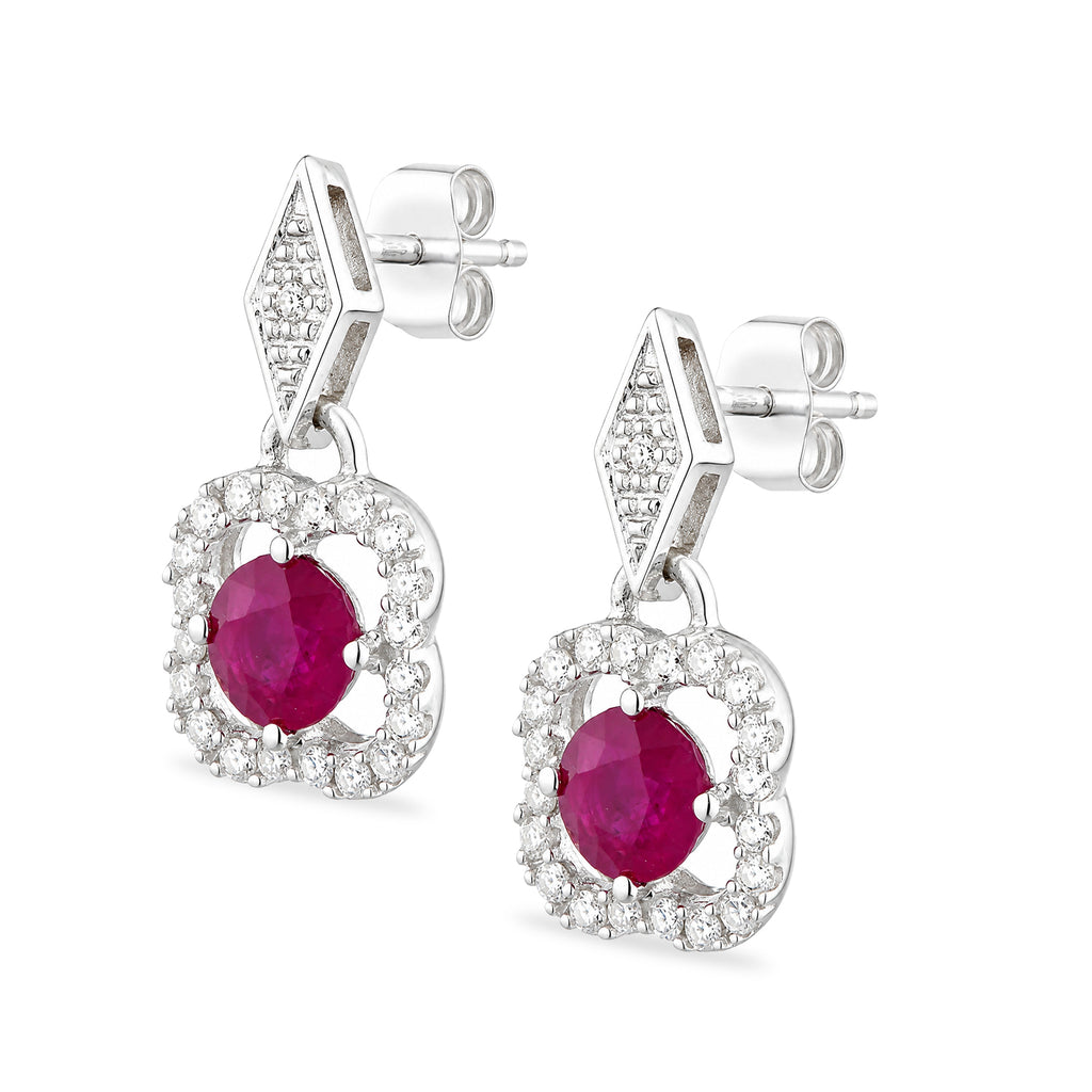 9ct White Gold Ruby and Diamonds Quatrefoil Earrings