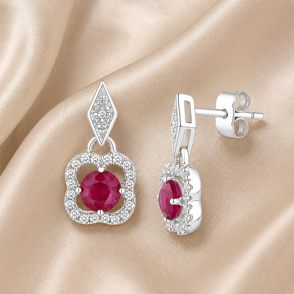 9ct White Gold Ruby and Diamonds Quatrefoil Earrings
