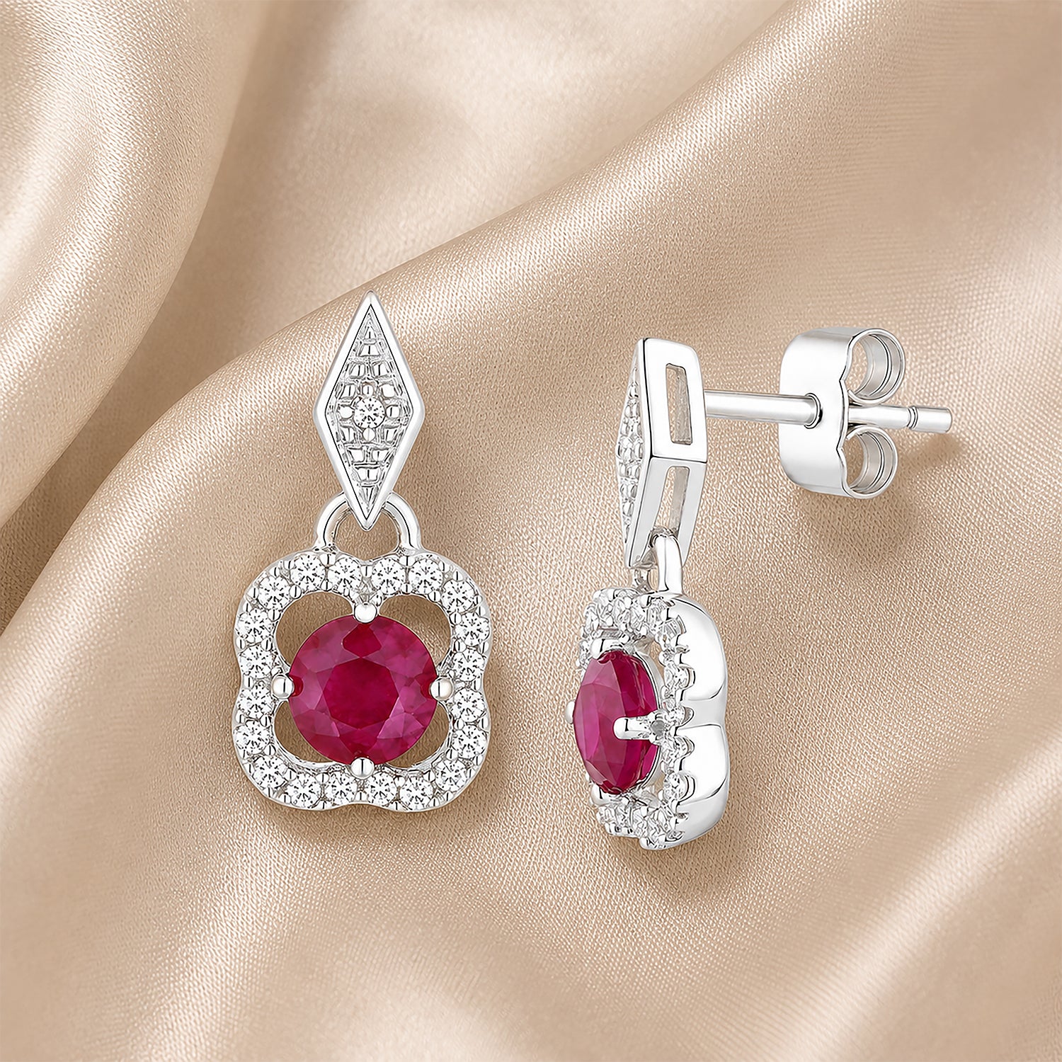 9ct White Gold Ruby and Diamonds Quatrefoil Earrings