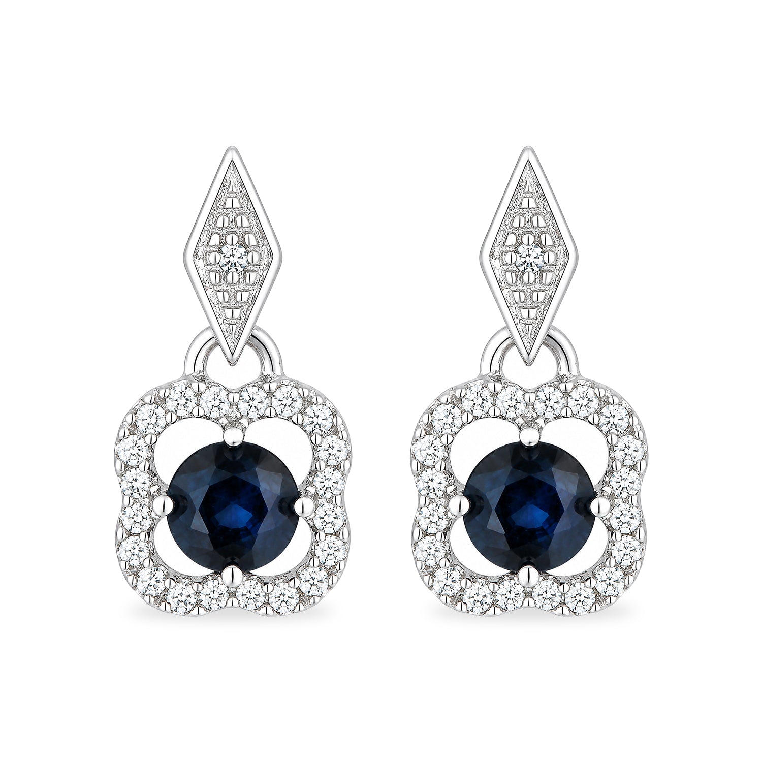 9ct White Gold Sapphire and Diamonds Quatrefoil Earrings