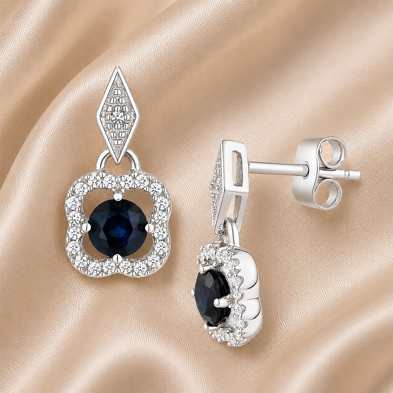 9ct White Gold Sapphire and Diamonds Quatrefoil Earrings