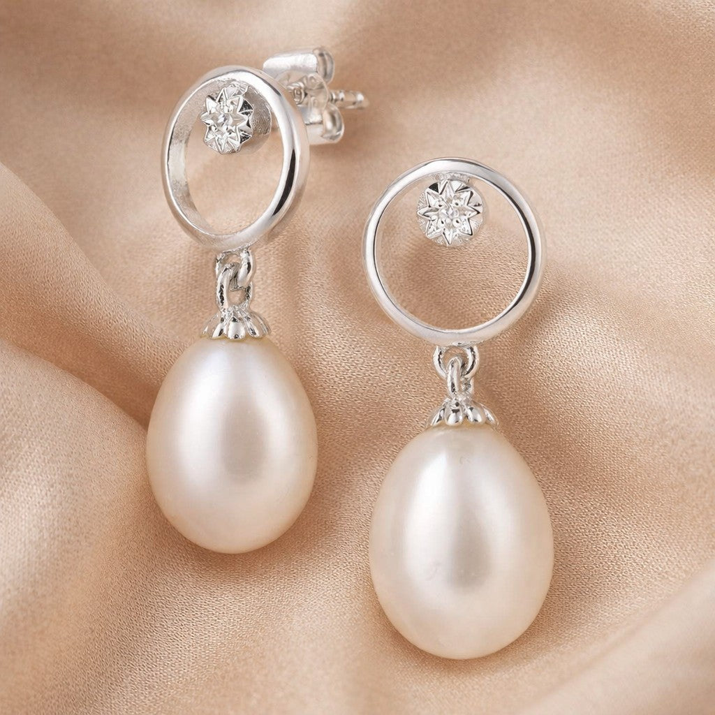9ct White Gold Cultured Pearl and 0.01ct Diamond Drop Earrings