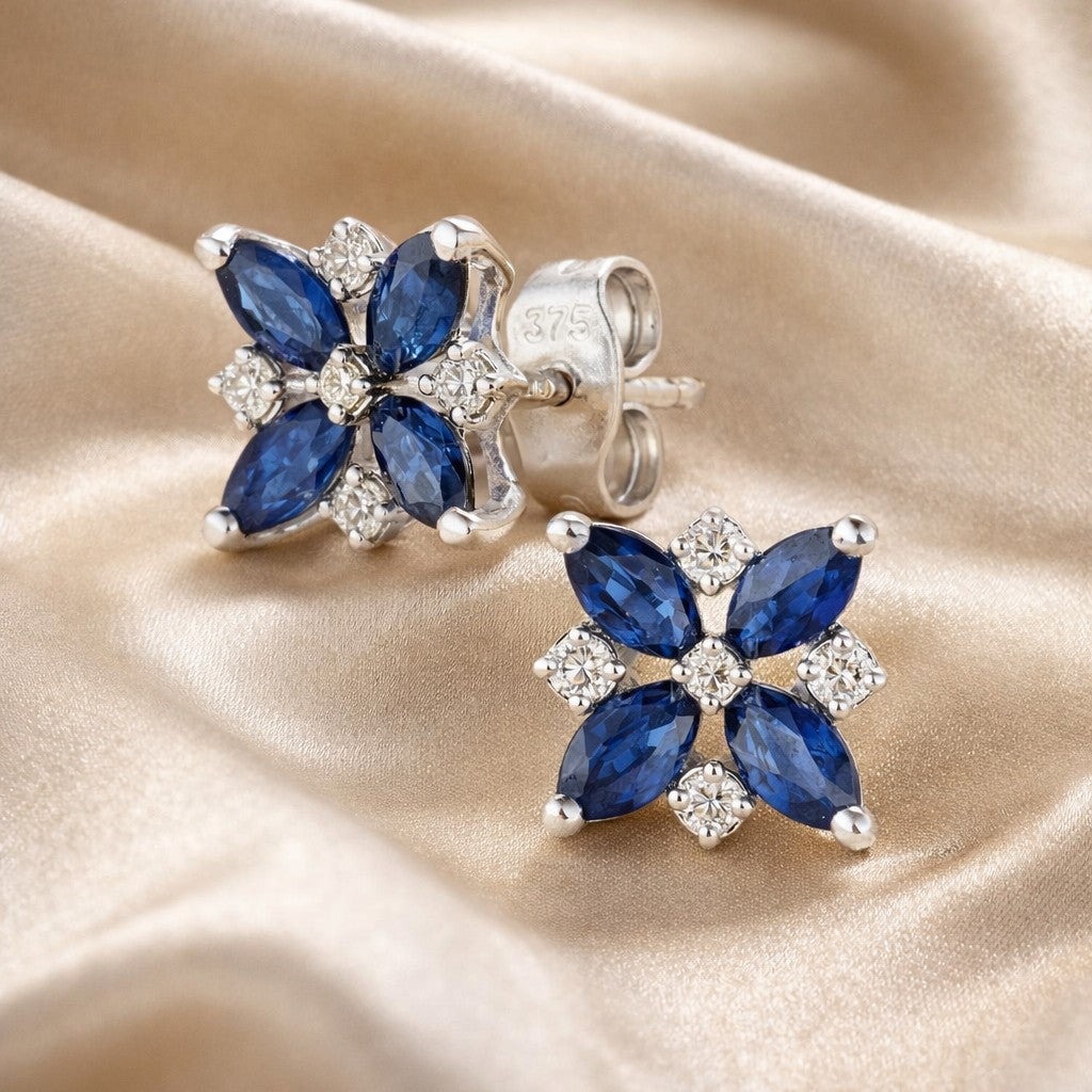 Marquise Natural Blue Sapphire and Diamond Flower Stud Earrings in 9ct White Gold