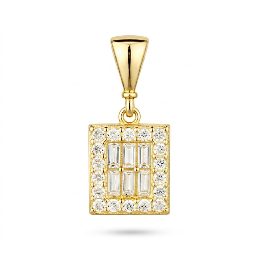 9ct Yellow Gold Cubic Zirconia Baguette Square Halo Pendant