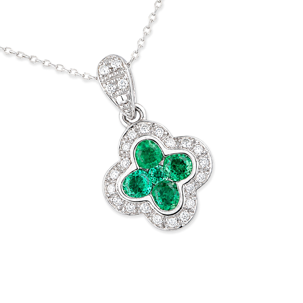9ct White Gold Emerald and Diamond Quatrefoil Halo Pendant Necklace