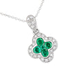 9ct White Gold Emerald and Diamond Quatrefoil Halo Pendant Necklace